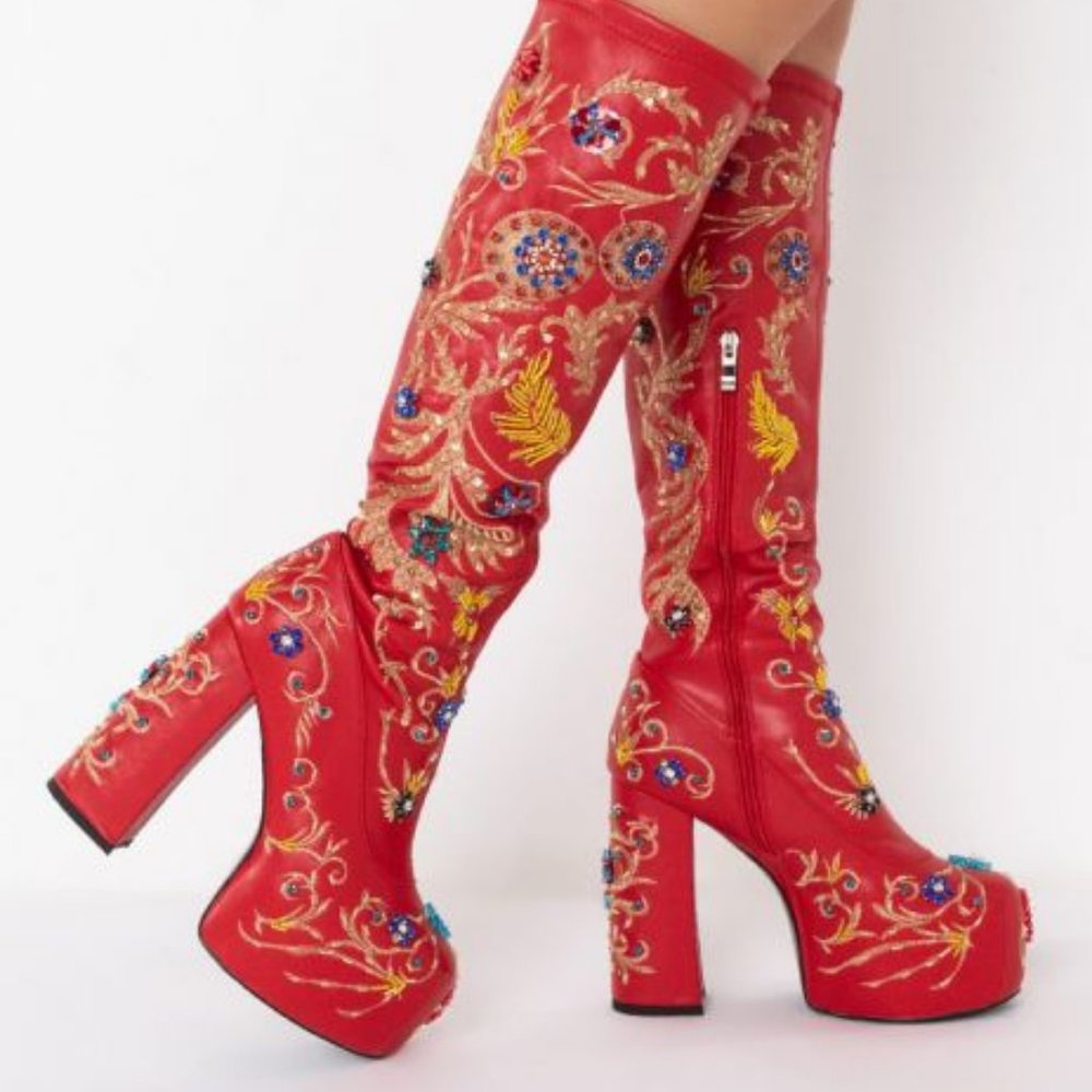AZALEA WANG ALL ABOUT THE FLASHY HAND BEADED CHUNKY BOOT IN RED( BRAND NEW!!!!! - Picture 2 of 9